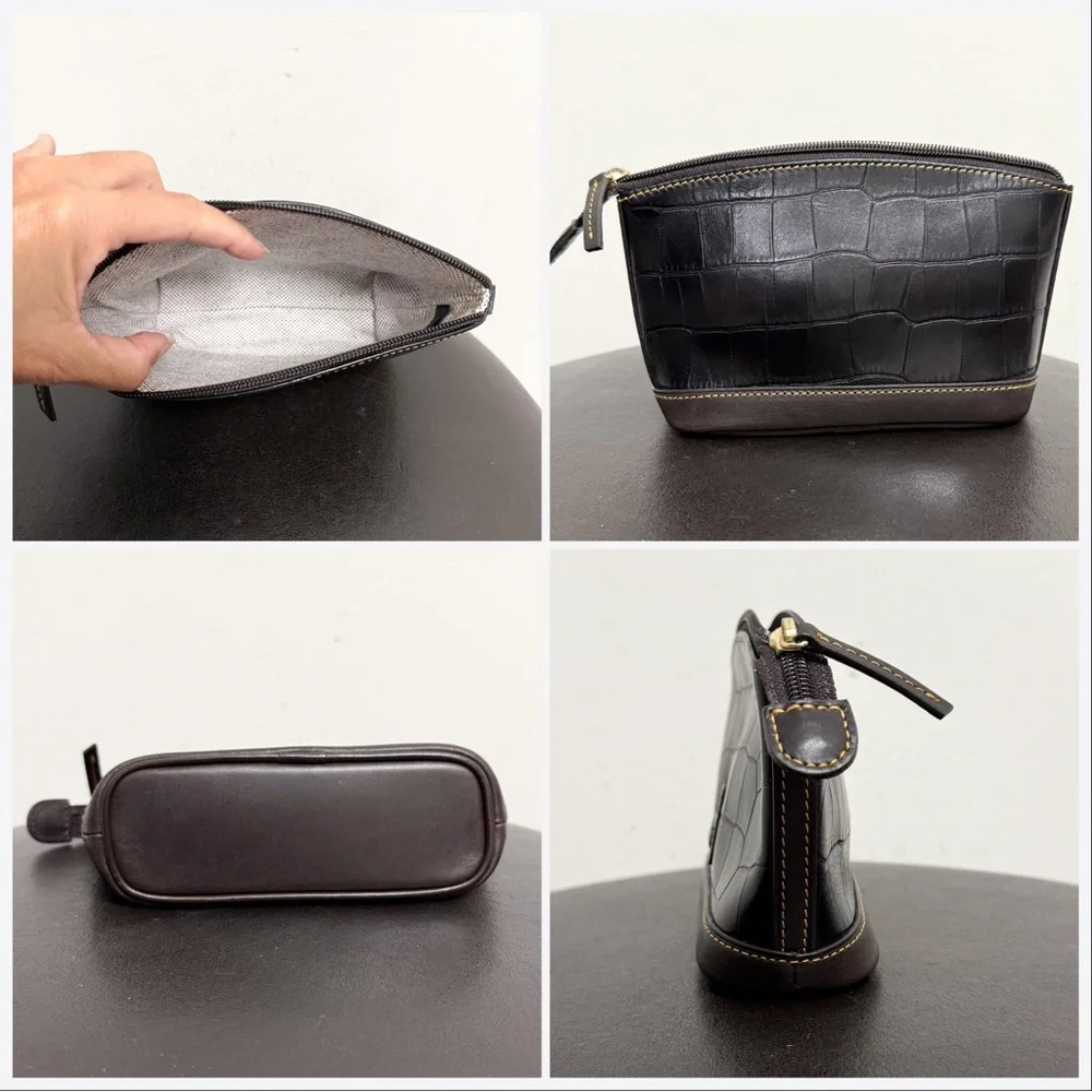 Dooney Bourke Black Brown Leather Croc Embossed Lobster Clasp Hobo Makeup Bag